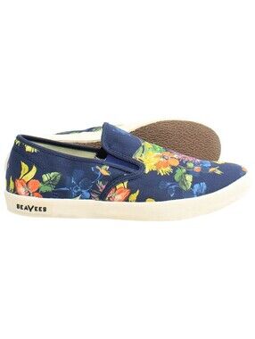 SeaVees Baja Trina Turk Tropical Flower Canvas Slip-on Shoes Navy, Size 9 (S4)